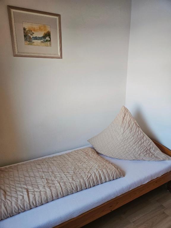 a bed in a room with a picture on the wall at Pension Haus Donaublick in Deggendorf