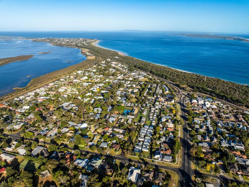 an aerial view of a suburb next to the ocean at BIG4 Ingenia Holidays Queenscliff Beacon in Queenscliff