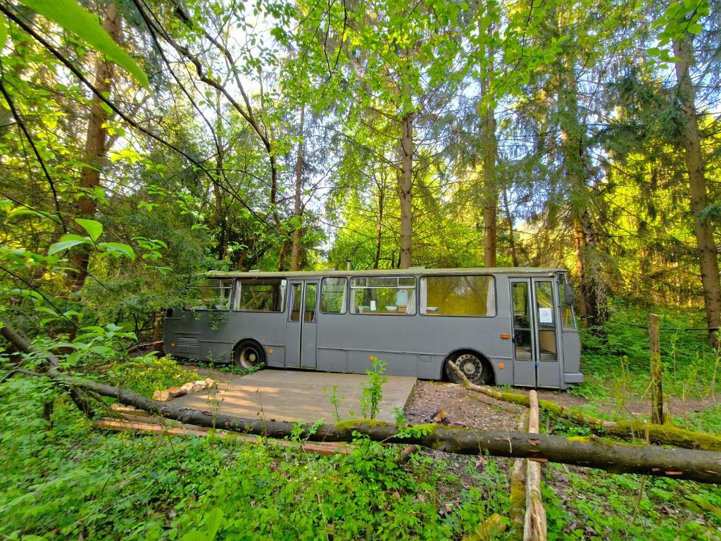 a bus parked in the woods with its door open at Magicbus in Podtureň