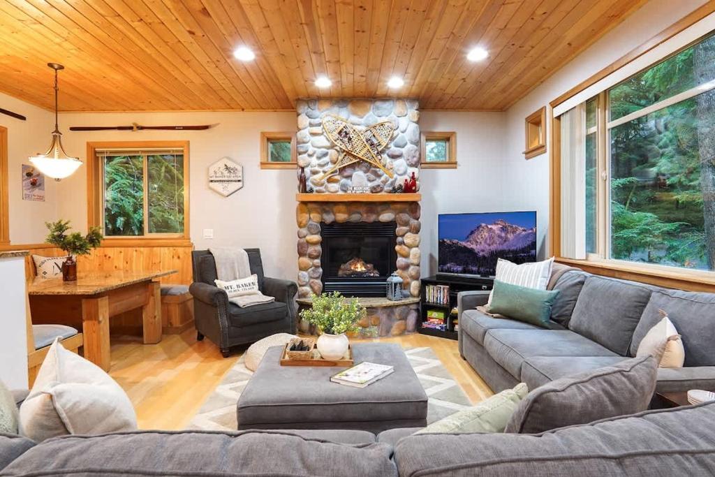 a living room with a couch and a fireplace at Snowline Hillside Chalet in Glacier