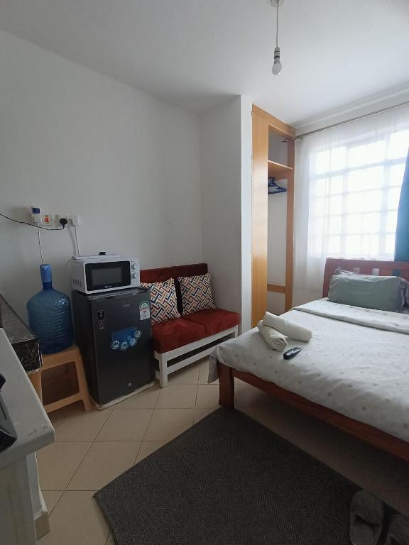a bedroom with a bed and a tv and a couch at Studio solace kitisuru in Nairobi