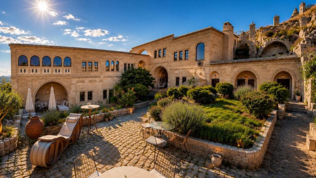 an old building with a garden in front of it at Hush Cappadocia Hotel in Ürgüp