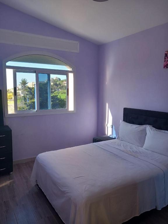 a bedroom with a large white bed with a window at Mediterraneo House in Tangier