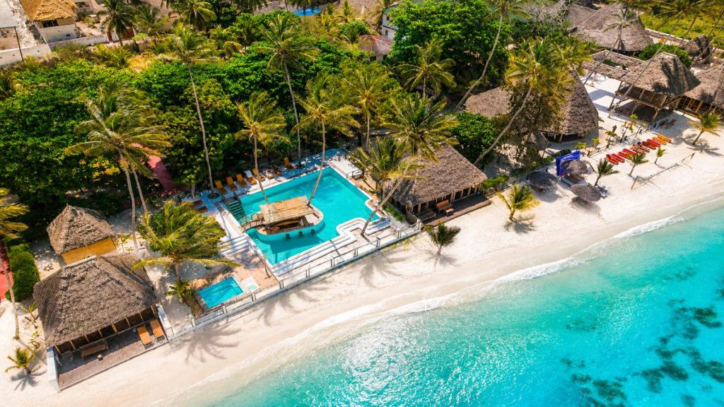 an aerial view of a beach with palm trees at Tiki Beach Club & Resort in Paje