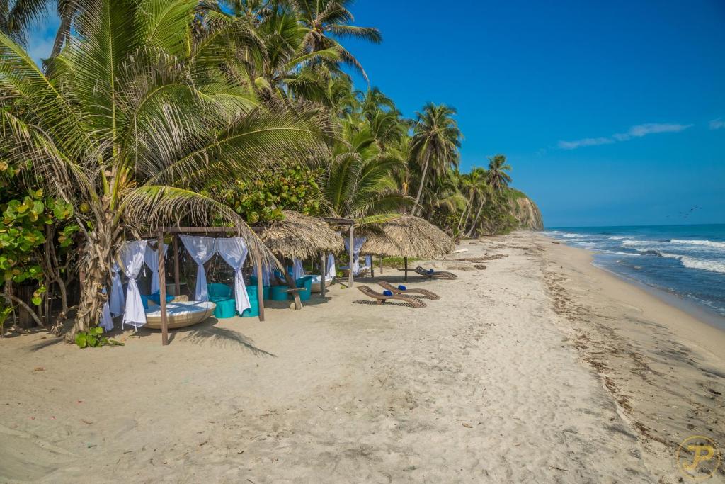 a beach with palm trees and huts on it at Sublime by Playa la Roca EcoHotel in Palomino