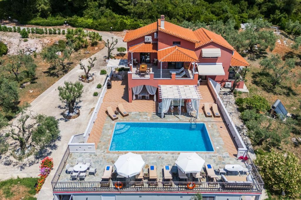 an aerial view of a house with a swimming pool at Luxury Villa with Private Pool in Skopelos, Spacious & Private, Villa Amaryllis By Kardous in Alikias