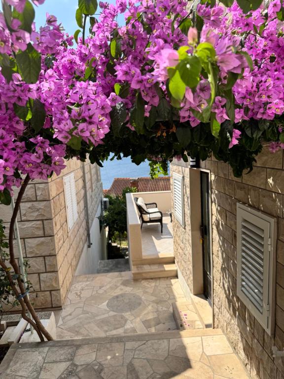 a garden with purple flowers hanging from a building at Studio Apartment Rose in Selca