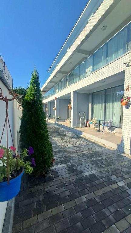a building with a christmas tree in a courtyard at Vila Arthur in Eforie Nord