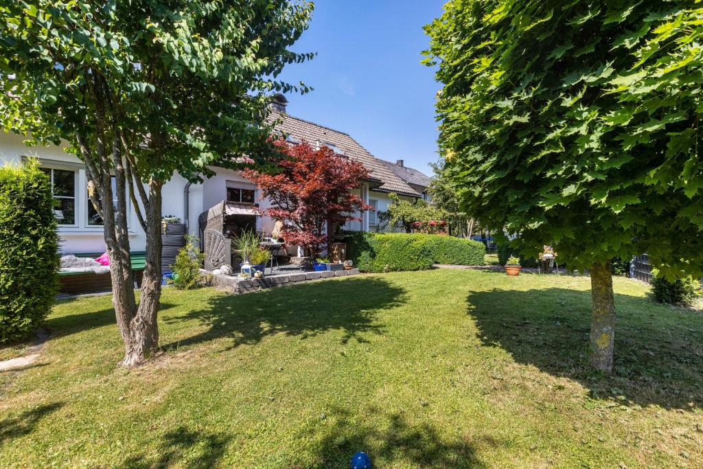 a yard with two trees in front of a house at Ferienwohnung an der Bieke in Olsberg