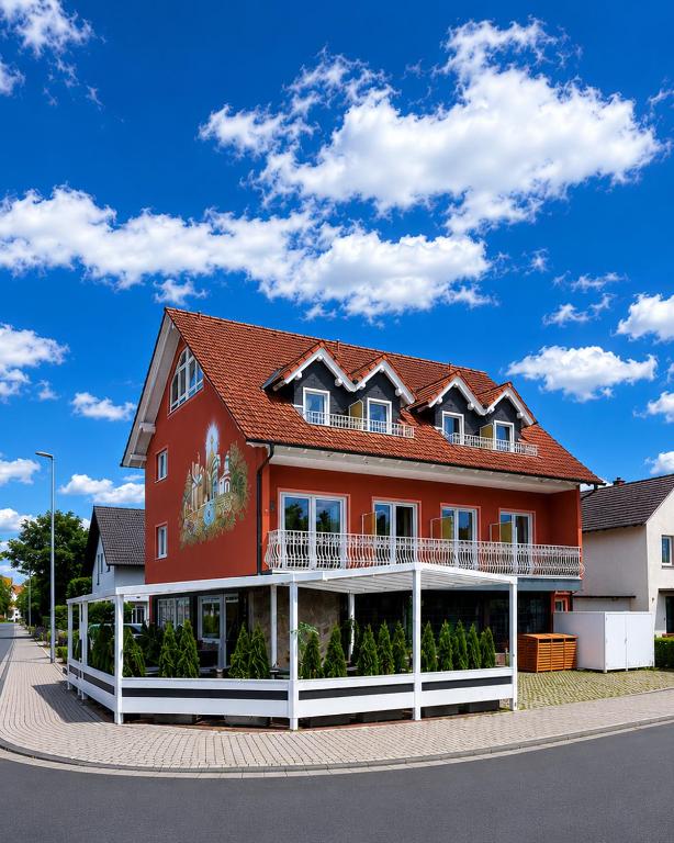 a large red building with a red roof at Hotel Weinhaus Wiedemann in Ginsheim