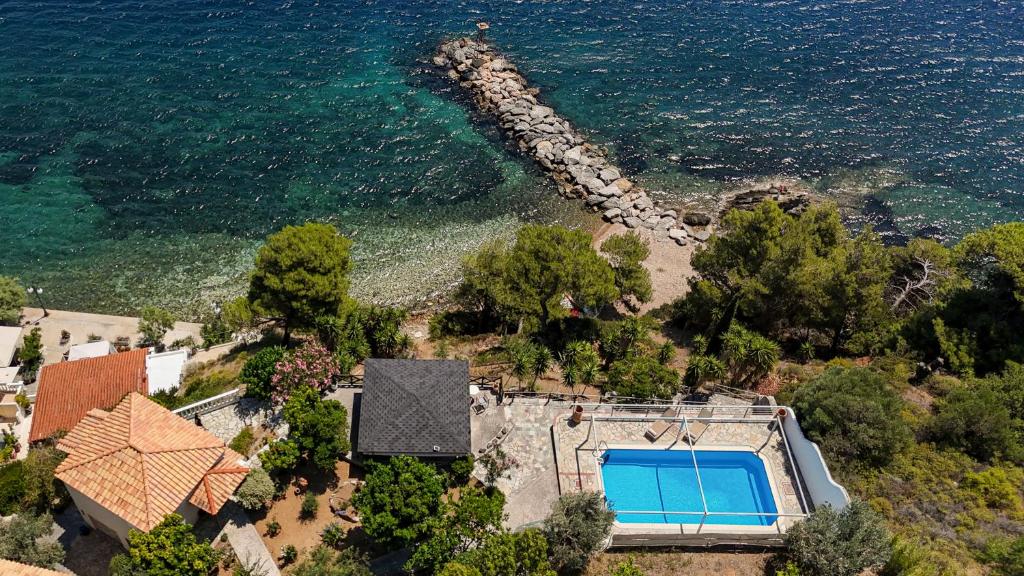 an aerial view of a house with a swimming pool at Katias Villa in Alonnisos