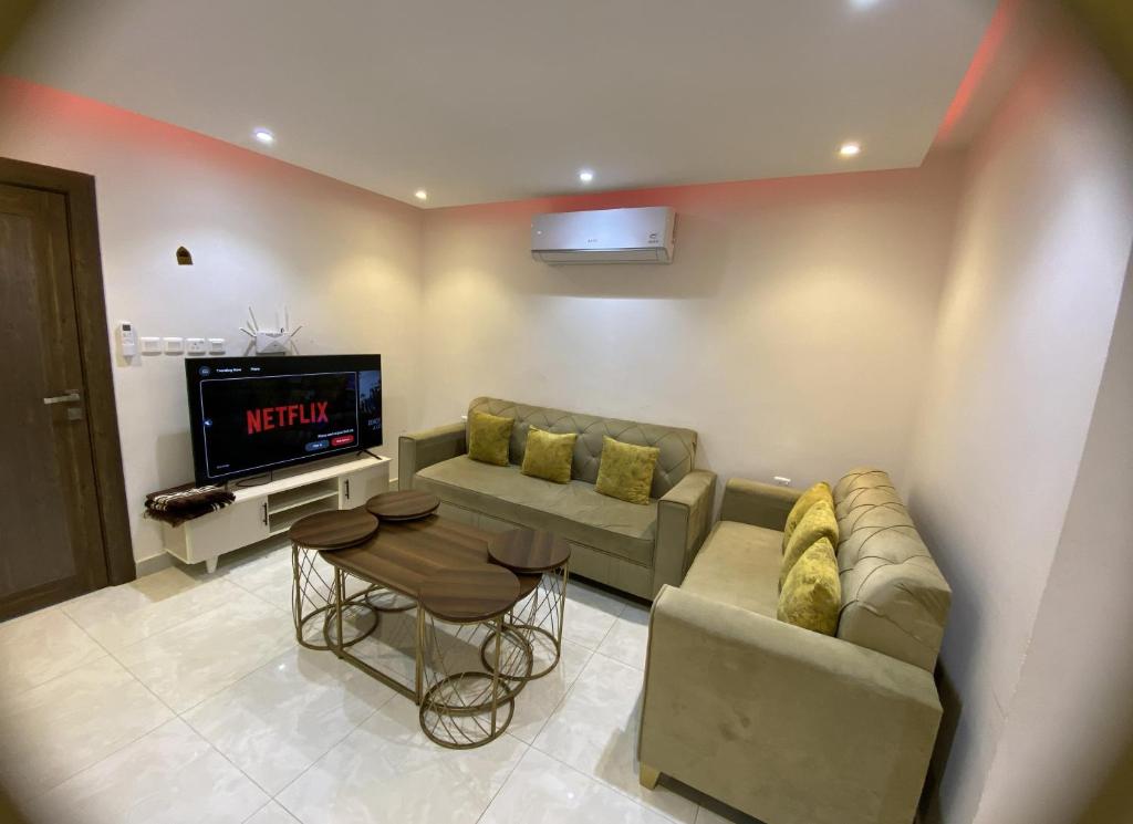 a living room with a couch and a tv at شقة راقية 3 غرف نوم وصالة ومطبخ وحمامين حي باقدو a1 in Medina