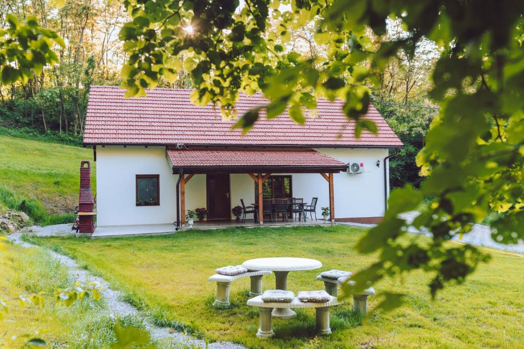a small house with a picnic table in front of it at Kuća za odmor Čevo in Podevčevo