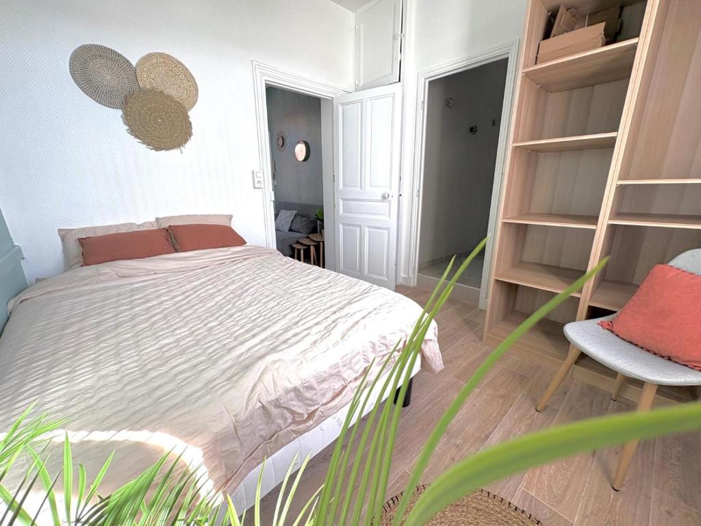 a bedroom with a bed and a book shelf at Le Paisible - proche des Thermes in Chamalières