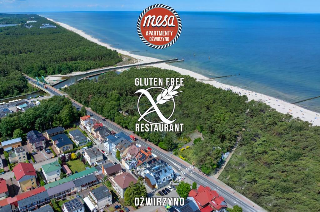 an aerial view of a beach and the ocean at Apartamenty Mesa Grill Restaurant Cafe in Dźwirzyno