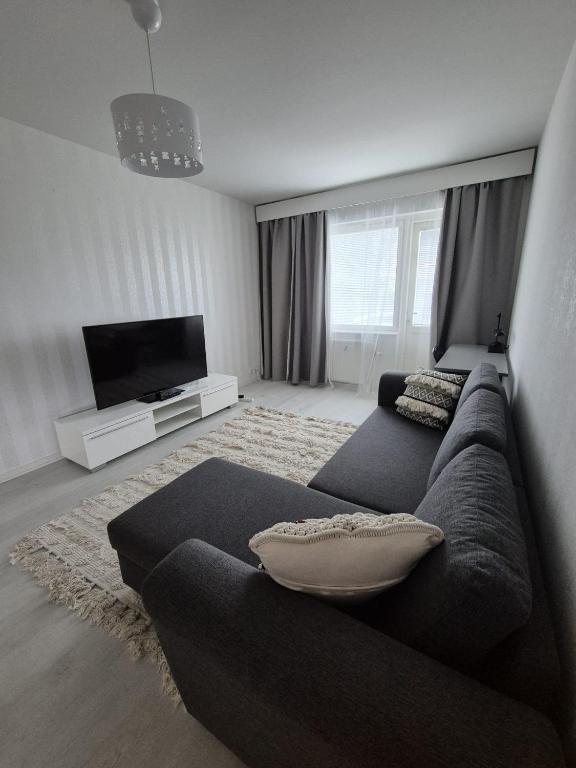 a living room with a couch and a flat screen tv at Apartments at Koulukatu in Savonlinna