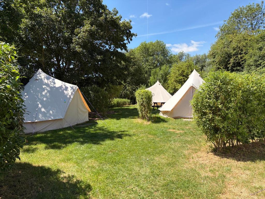 a group of tents in a field with trees at Camping at the Barge in Alton Barnes