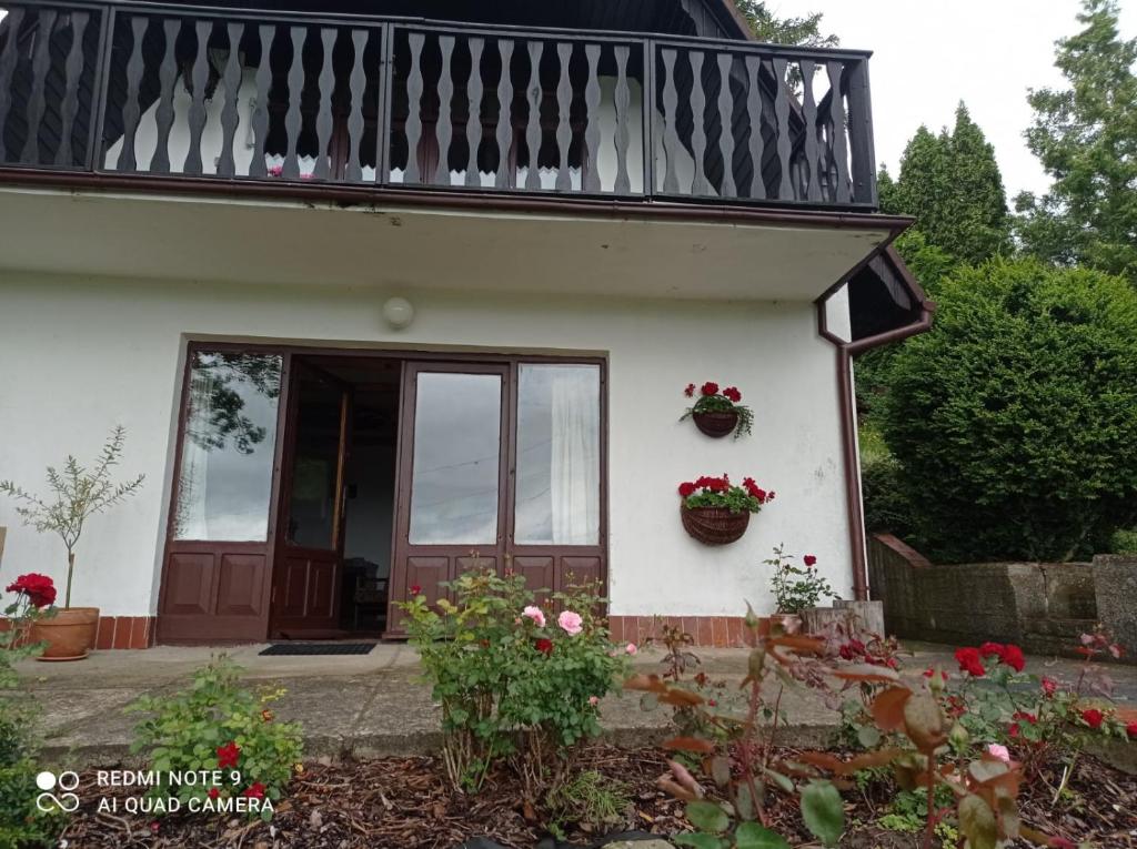 a small white house with flower pots on the door at domek Kaszuby nad jeziorem in Chmielno