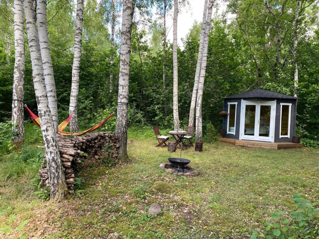 a small cabin in the woods with a picnic table at Pendu talu kämping in Orissaare