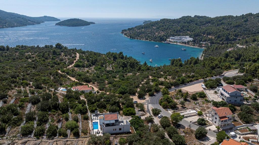 an aerial view of a town and a body of water at Villa Plitvina in Vela Luka