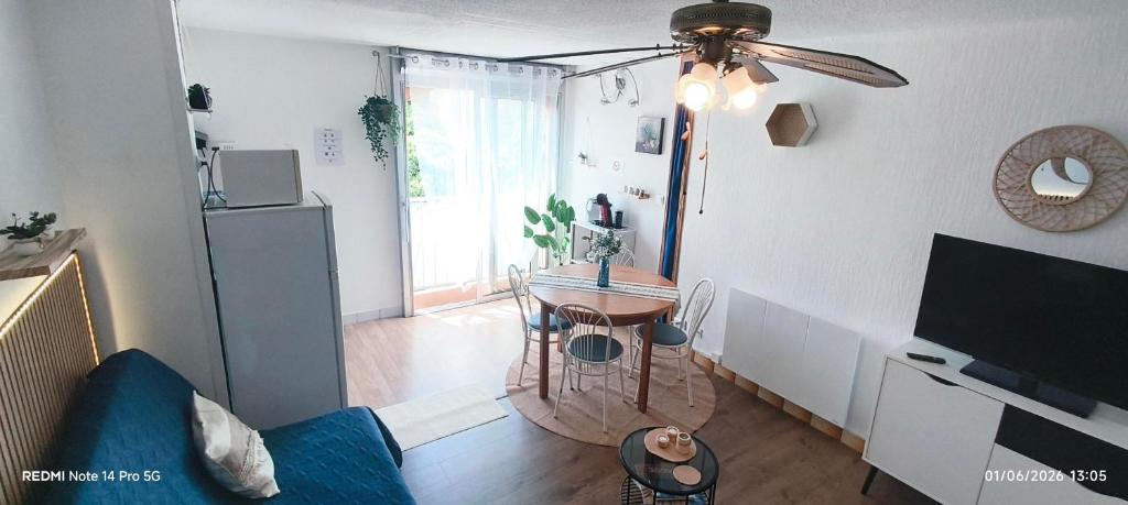 a living room with a couch and a ceiling fan at Studio 4 personnes au Cap-d'Agde in Agde