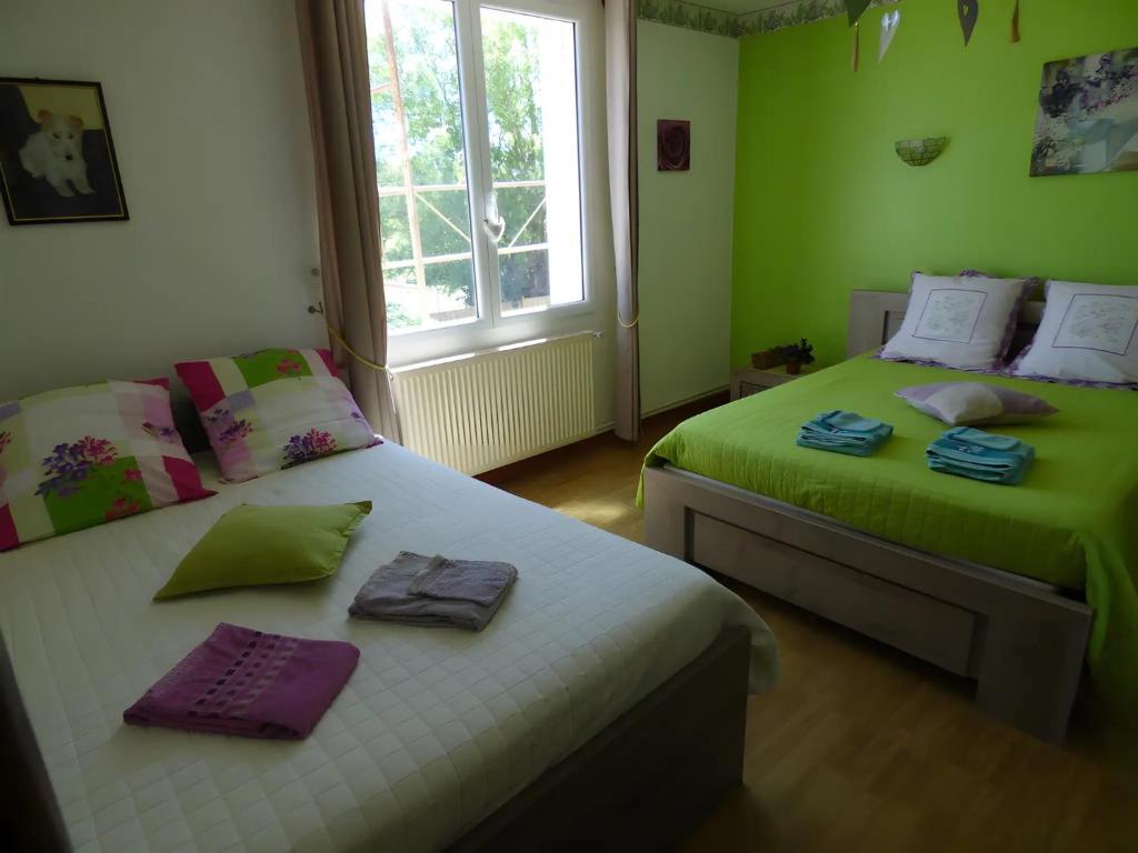 two beds in a room with green walls at Chambre d'hôtes les Rosiers in La Flèche