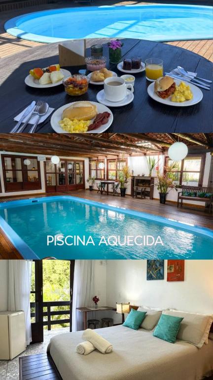 a table with plates of food next to a swimming pool at Pousada Porto dos Casais in Praia do Rosa