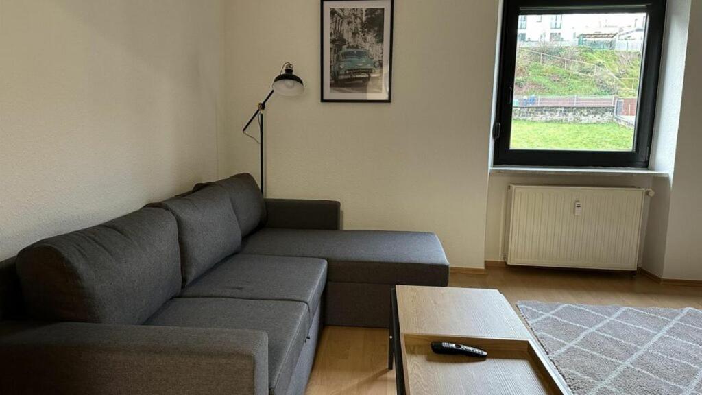 a living room with a couch and a window at Ferienwohnung Bickenalb in Zweibrücken