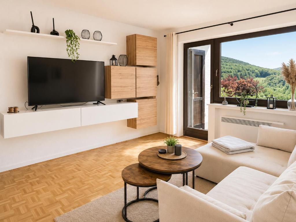 a living room with a couch and a tv at Ferienwohnung Seeblick 24 in Winterberg