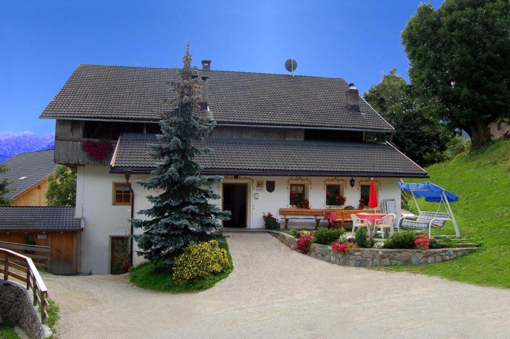 a house with a pine tree in front of it at Vilahof in San Vigilio Di Marebbe