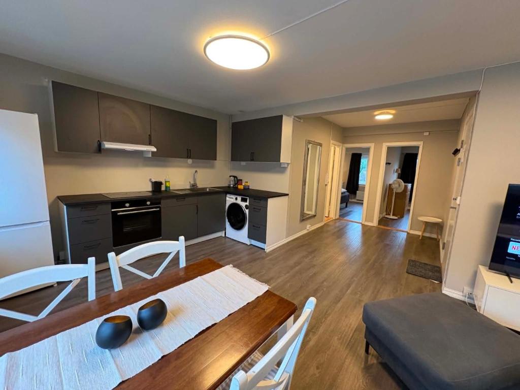a kitchen and living room with a table and chairs at Notodden Sentrum Apartment NO 14 in Notodden