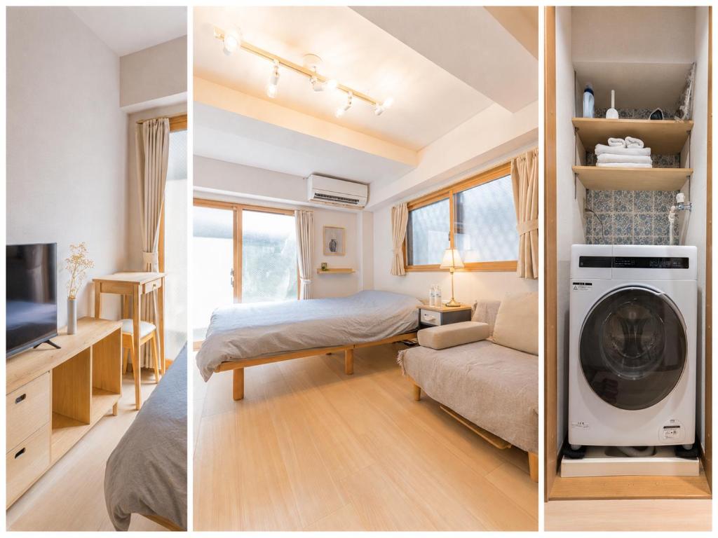 two pictures of a bedroom with a washing machine at Ken Hotel Tokyo Shinjuku in Tokyo