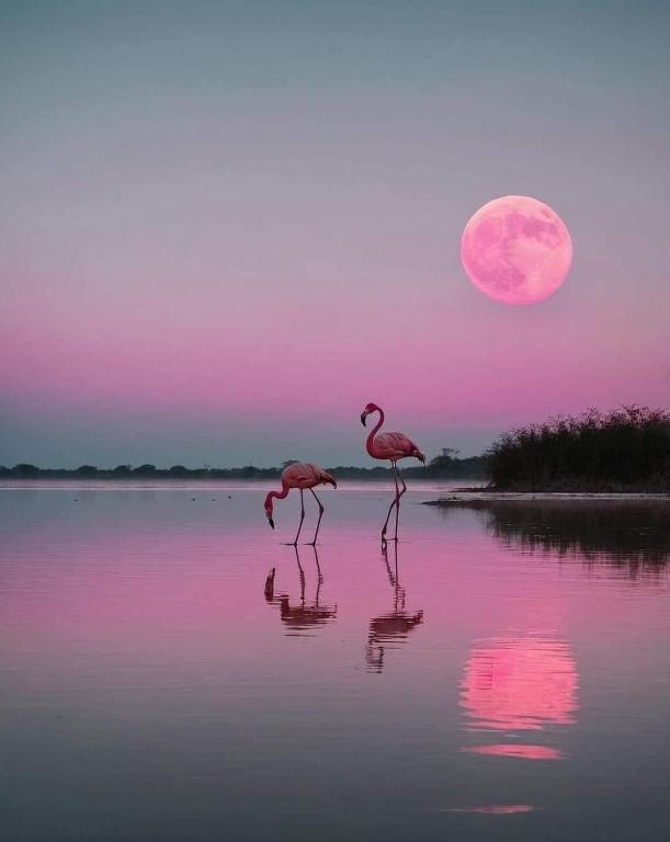 two flamingos walking in the water in front of the moon at La Garrigue in Calvisson