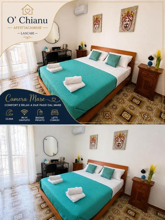 two beds in a room with green and white sheets at O'Chianu in Lascari
