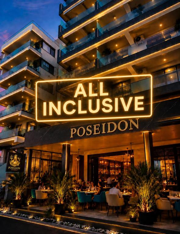 a restaurant with a sign that reads all inclusive moderation at Apartament Poseidon in Mamaia Sat/Năvodari