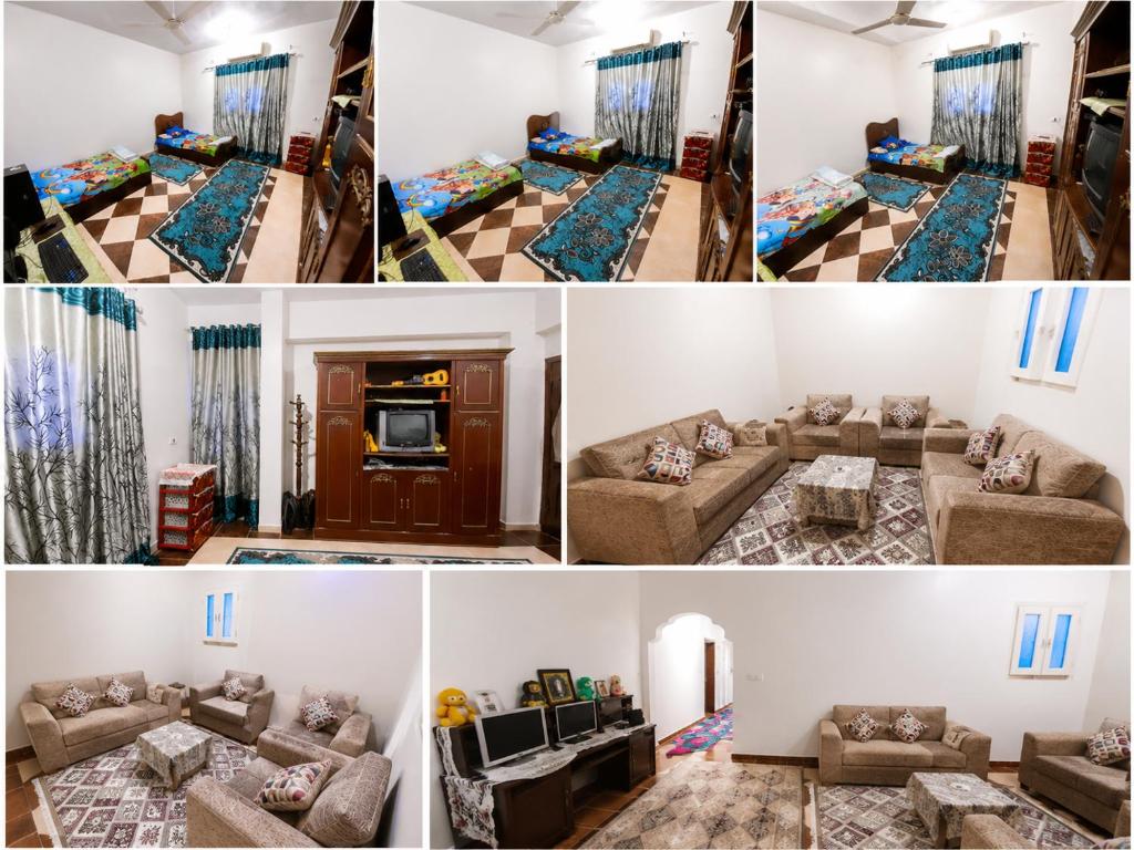 a collage of four pictures of a living room at The Blue House in Safaga