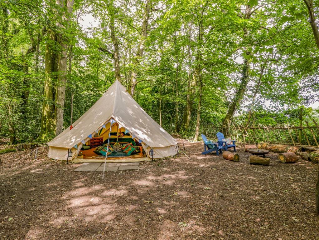 a tent in the woods with a table and a chair at The Moroccan Bell Tent in Newbury
