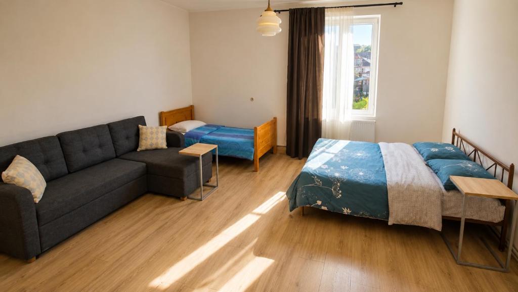 a living room with a couch and a bed at Tuz House R7 in Bakuriani