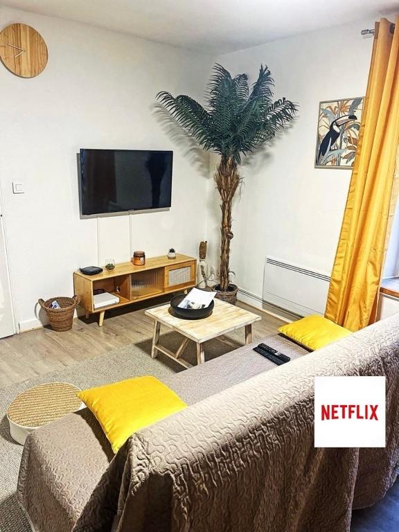 a living room with a couch and a tv and a palm tree at La Palmeraie, Duplex in Bar-le-Duc