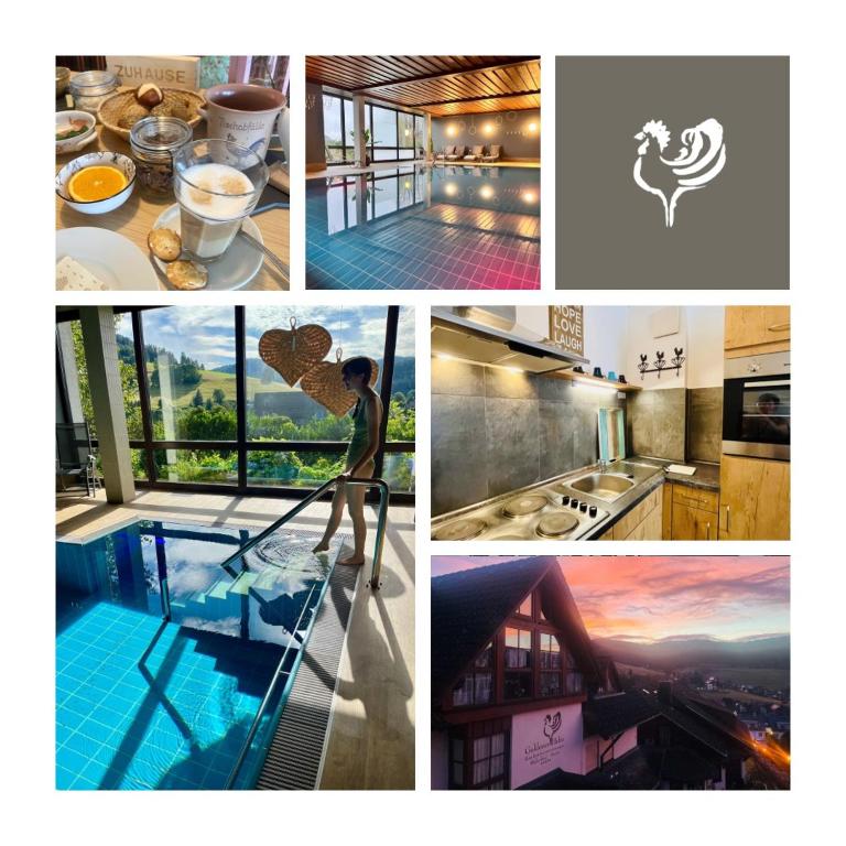 a collage of photos with a man in a kitchen and a pool at B&B Apart Hotel Goldener Hahn - Pool & Sauna, Frühstück in Baiersbronn