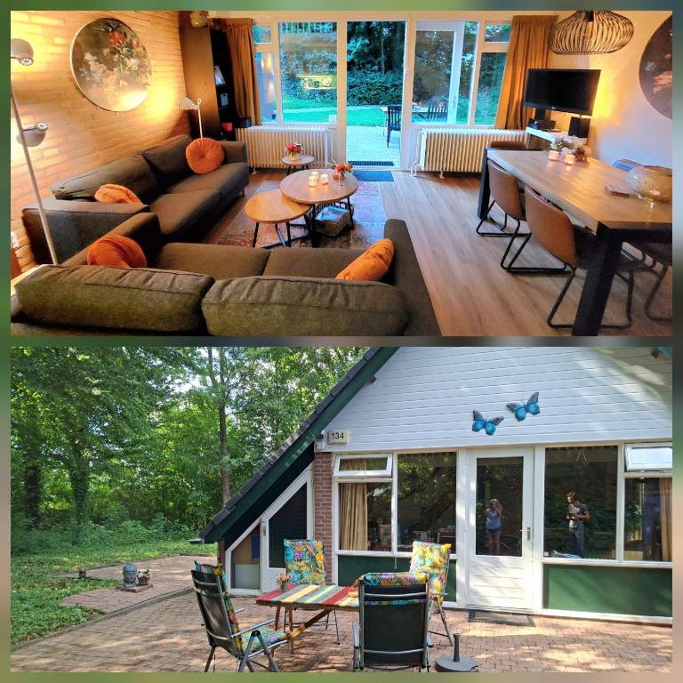 two pictures of a living room and a house at Butterflies, bungalow 134 in Simpelveld