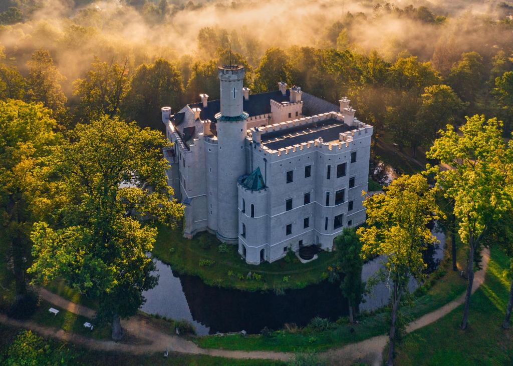 an aerial view of a castle in the trees at Zamek Karpniki Schloss Fischbach in Łomnica