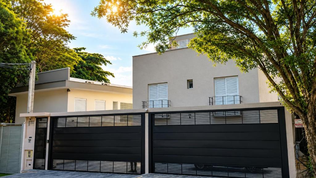 a black garage door in front of a white house at Mimos Hospedagem in São Paulo