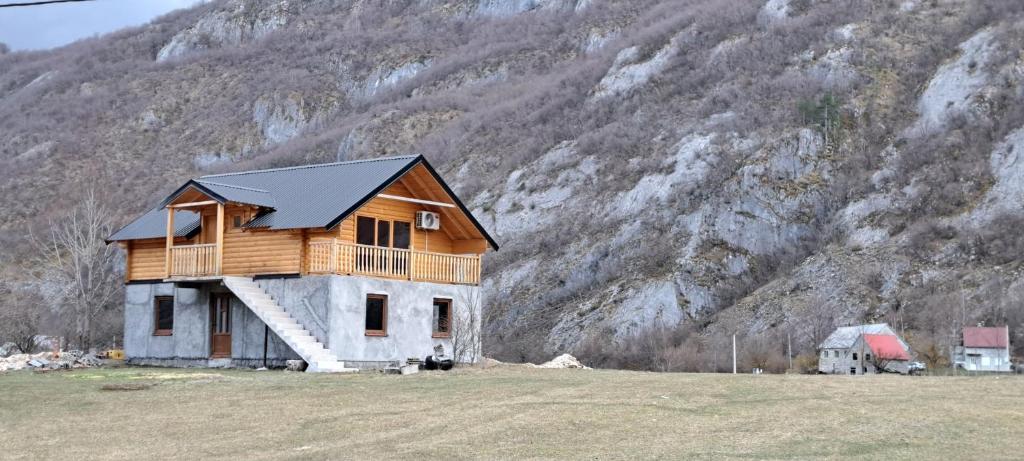 a house in a field in front of a mountain at Brvnara Nikolija in Šavnik