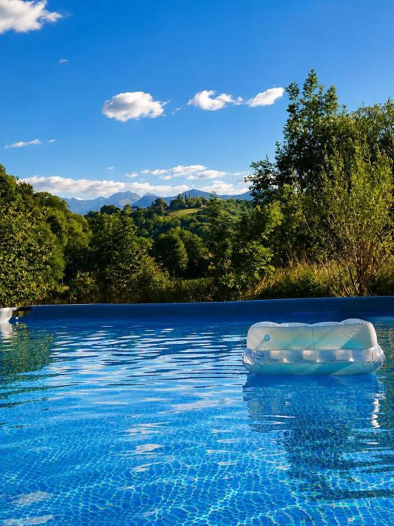 a raft sitting on top of a body of water at Coume a Case - Maison de charme 4 étoiles - piscine et spa - vallée d'Ossau in Lys