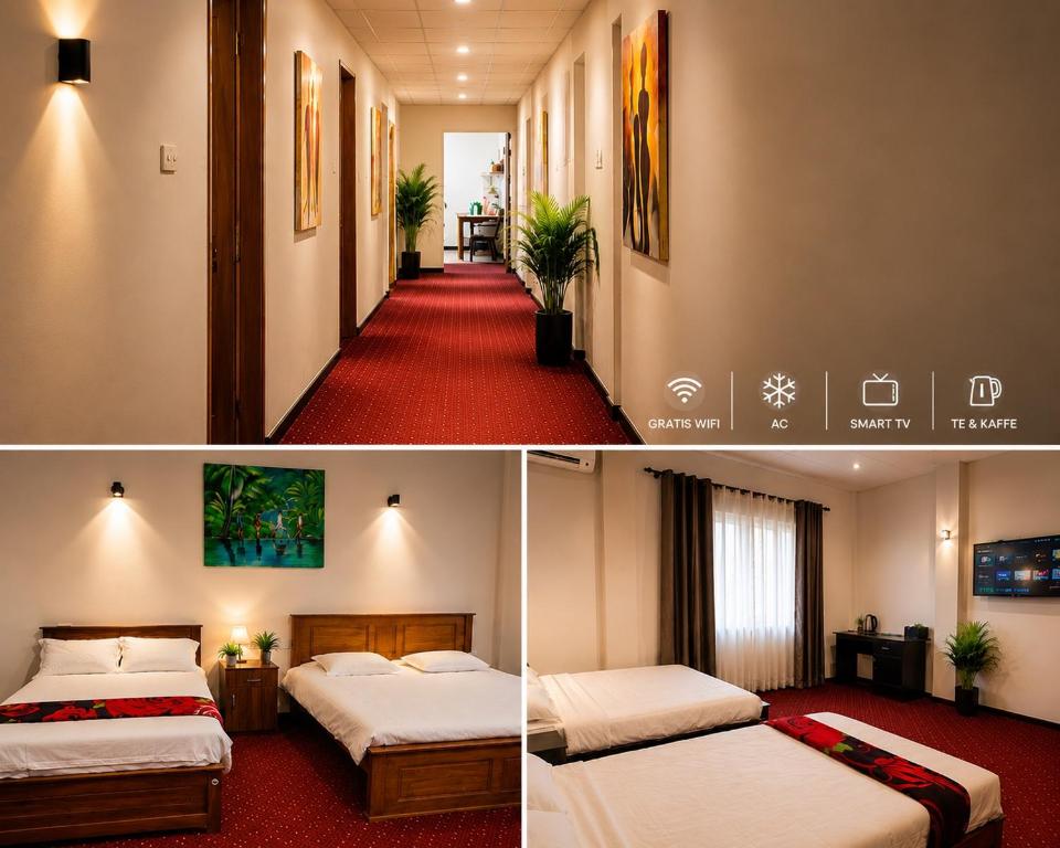 two pictures of a hotel room with two beds at Amore Beach Resort in Balapitiya
