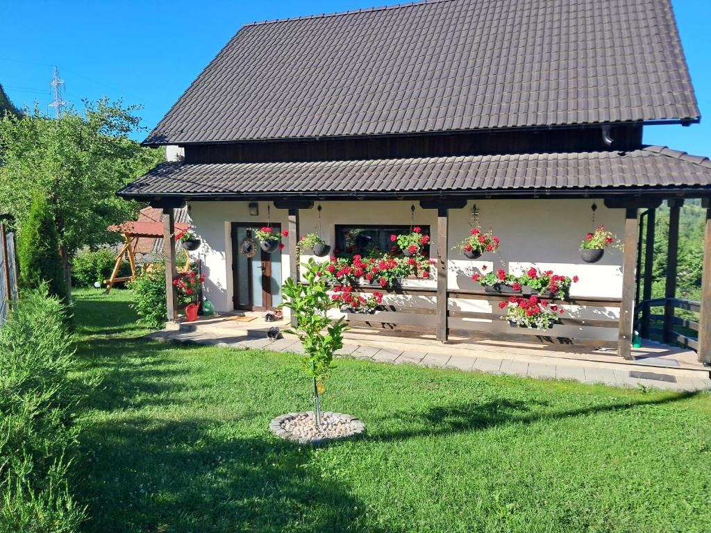 a small house with a fence and a tree in the yard at Green Valley Guesthouse in Izvoru Mureşului