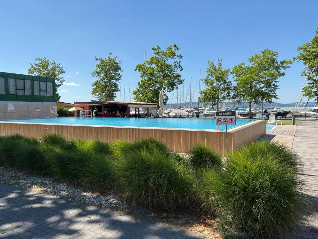 a swimming pool at a marina with plants at Balino 57 in Balatonlelle