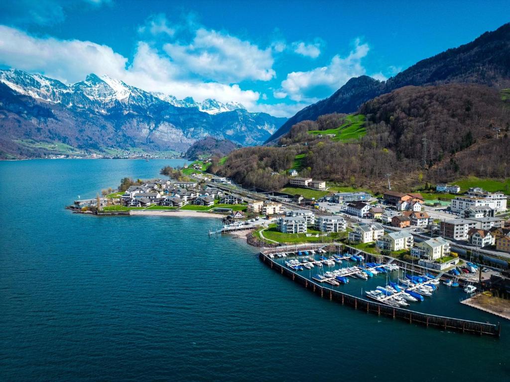 an aerial view of a harbor with boats in the water at Walensee House & Apartments in Unterterzen