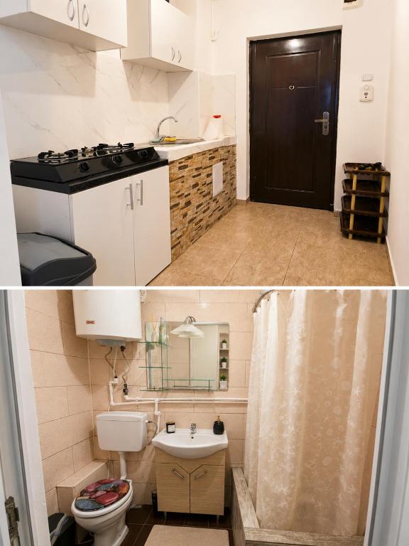 a small bathroom with a sink and a toilet at Garsonieră in Năvodari